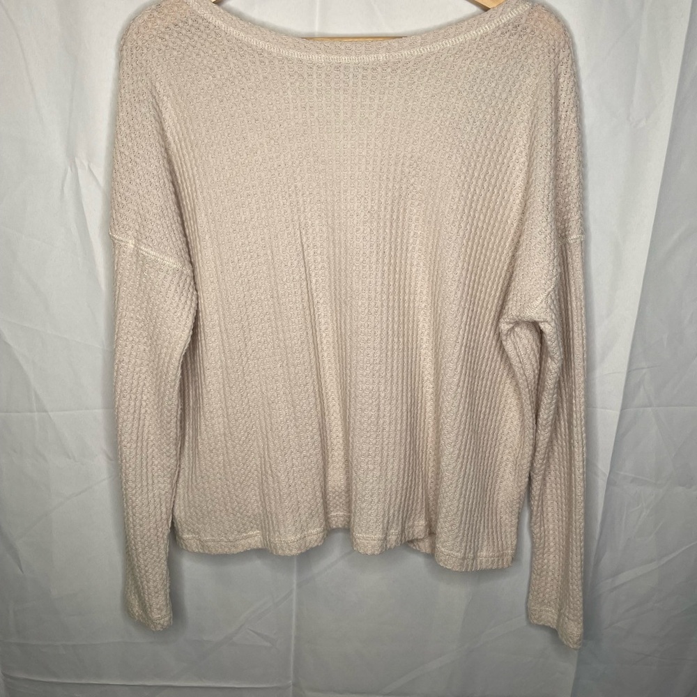 American Eagle Top Ivory Waffle Knit Long Sleeve Button-Front - Picture 2 of 4